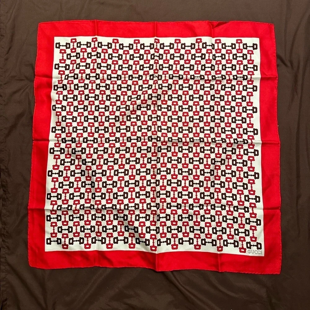 COPY - Gucci Large Scarf horsebit pattern Red Beige 60x60cm Silk Vintage